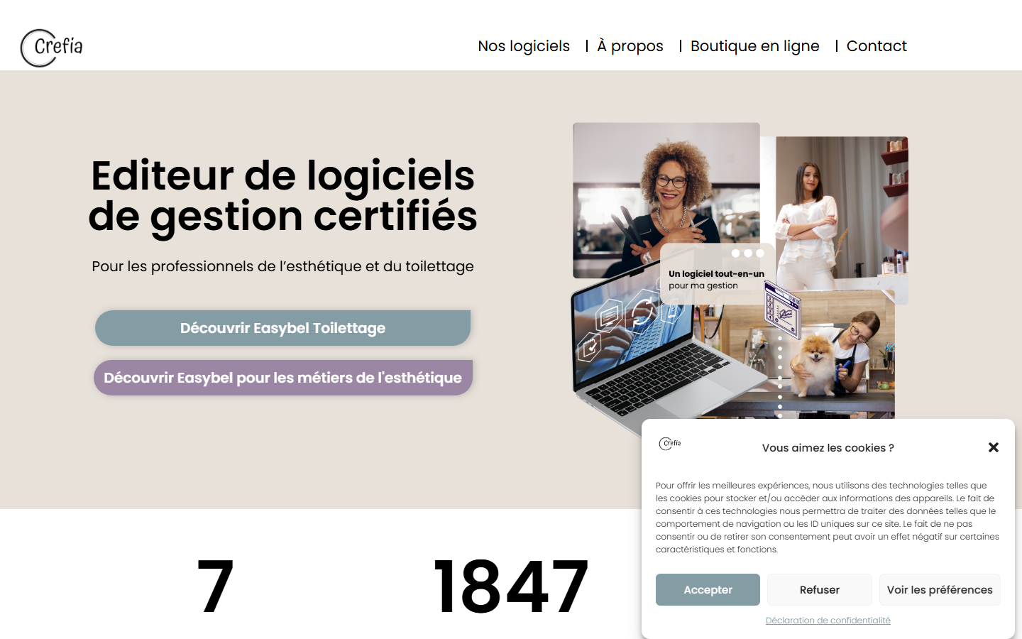 Aperçu du site de CREFIA : Logiciels Easybel & Easybel Toilettage