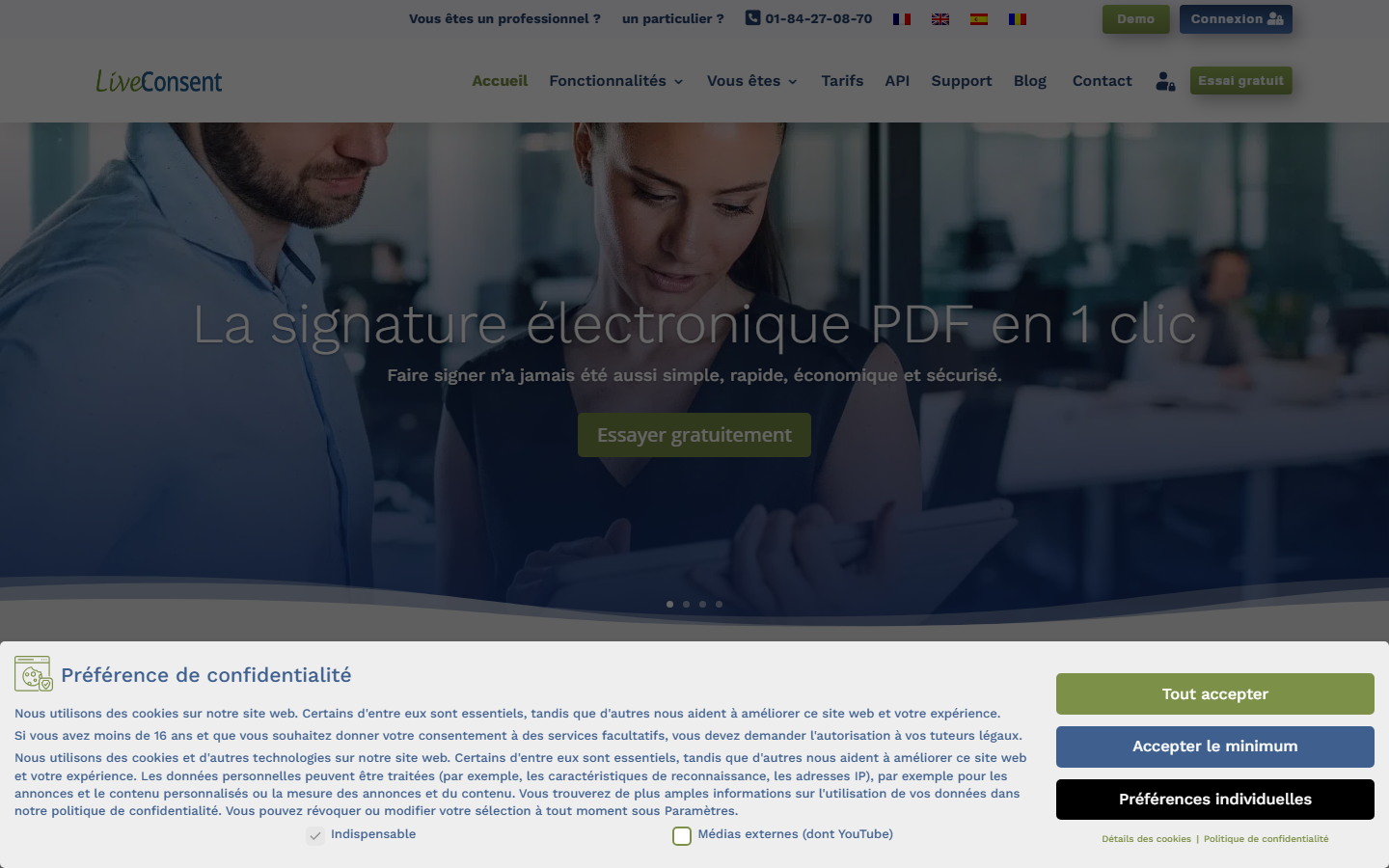 Aperçu du site de Liveconsent